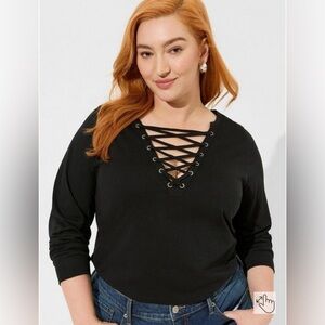 Vintage Cotton Jersey Lace Up Long Sleeve Tee Deep Black